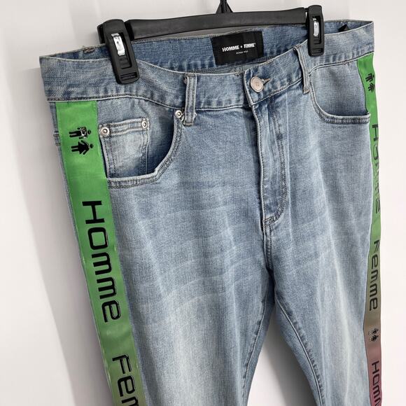 Homme + Femme NEW Tesla Skinny Blue Jeans Sz 38 Green Pink Gradient Logo Ribbon - Picture 2 of 10